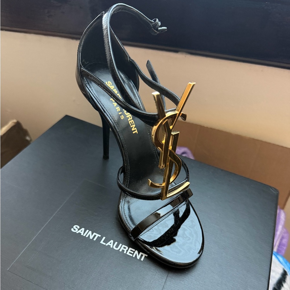 Saint Laurent Glossy Black Heels with Gold Accent